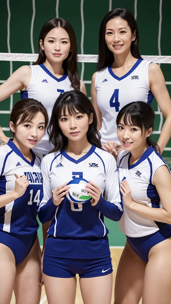 ((Highest quality)), ((masterpiece)), (detailed), volleyball uniform,Japanese women,((Mature Woman)),Middle age,45 years old,((3人のMature Woman)),(((Three Women))),Three Women,Three people side by side,Gymnasium background,holding a volleyball ball,Beauty,Beautiful face,Cute face,Realistic and natural live-action