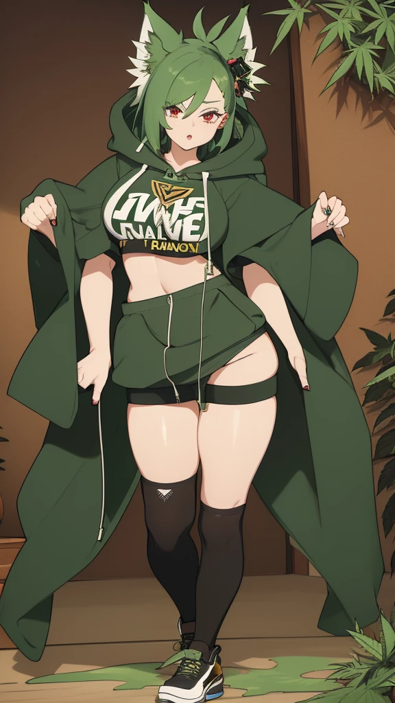 Croped, cleavage, slim waist, cropped hoodie underboob, cropped hoodieunderboobhoodie, 1 girl, 2 wolf ears, wolf tail, marijuana crop hoodie, crop shorts, marijuana hoodie, spiky hair, spiky fur, green hair, red eyes,marijuana field, tight clothes, perfect eyes, perfect hands, clear resolution, full body, cleavage skin, marijuana plants, open hoodie, marijuana field, black thigh high socks, full body, earrings, 1girl, skirt, cleavage, slim waist, cleavage, slim waist, hair pulled back, big breast, round butt, slim waist, best quality, thick thighs, D-cup breast, 4k quality, night time, full moon