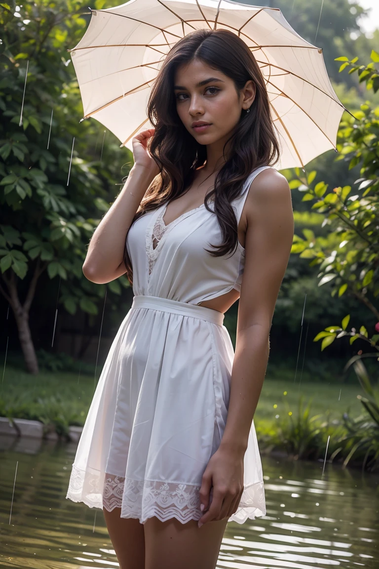 A beautiful woman with light delicately filtering through her hair, her summer dress is full and she's in rain with rose a Indian hot model age 18-22 