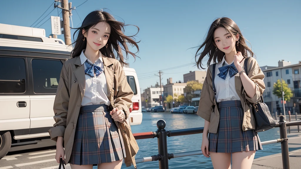 very cute and beautiful girl,Teen,(Very detailed美しい顔),(smile:1.2),Happy,Cowboy Shot,
(Brown jacket:1.12),Collared shirt,Checkered bow tie BREAK Detail legs,zettai ryouiki,Brown shoulder bag,
Stylish pose,hairpin,Black Hair,(Blue checked mini skirt:1.2),Shimen,School Enrollment,Multicolored rose flowers,
(Highest quality,masterpiece:1.2),Absurd,High resolution,Super detailed,Very detailed,32k,8K resolution,
Intricate details,Movie Scenes,Detailed Background,alone,Dynamic Angle,
Hair blowing in the wind,Beautifully detailed skies,