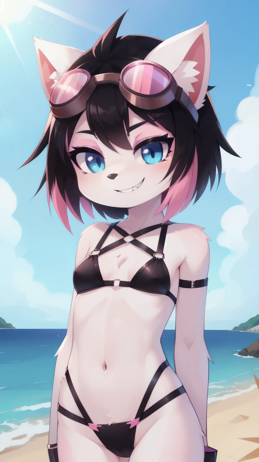 furry girl, cat, young, cat ears, ((multicolored hair, pink hair, black hair)), mohawk hairstyle, ((makeup, pink eyeshadows)), ((blue eyes)), ((Black bikini with metallic details, Criss-cross straps on the front with straps on the sides, goggles)), small breasts, narrowed eyes, detailed body fur, detailed face, detailed eyes, glistering body, shiny body, gorgeous body, skinny, solo, :3, ((white body fur)), sharp teeths, grin, beach, clear sky, uperbody, standing,