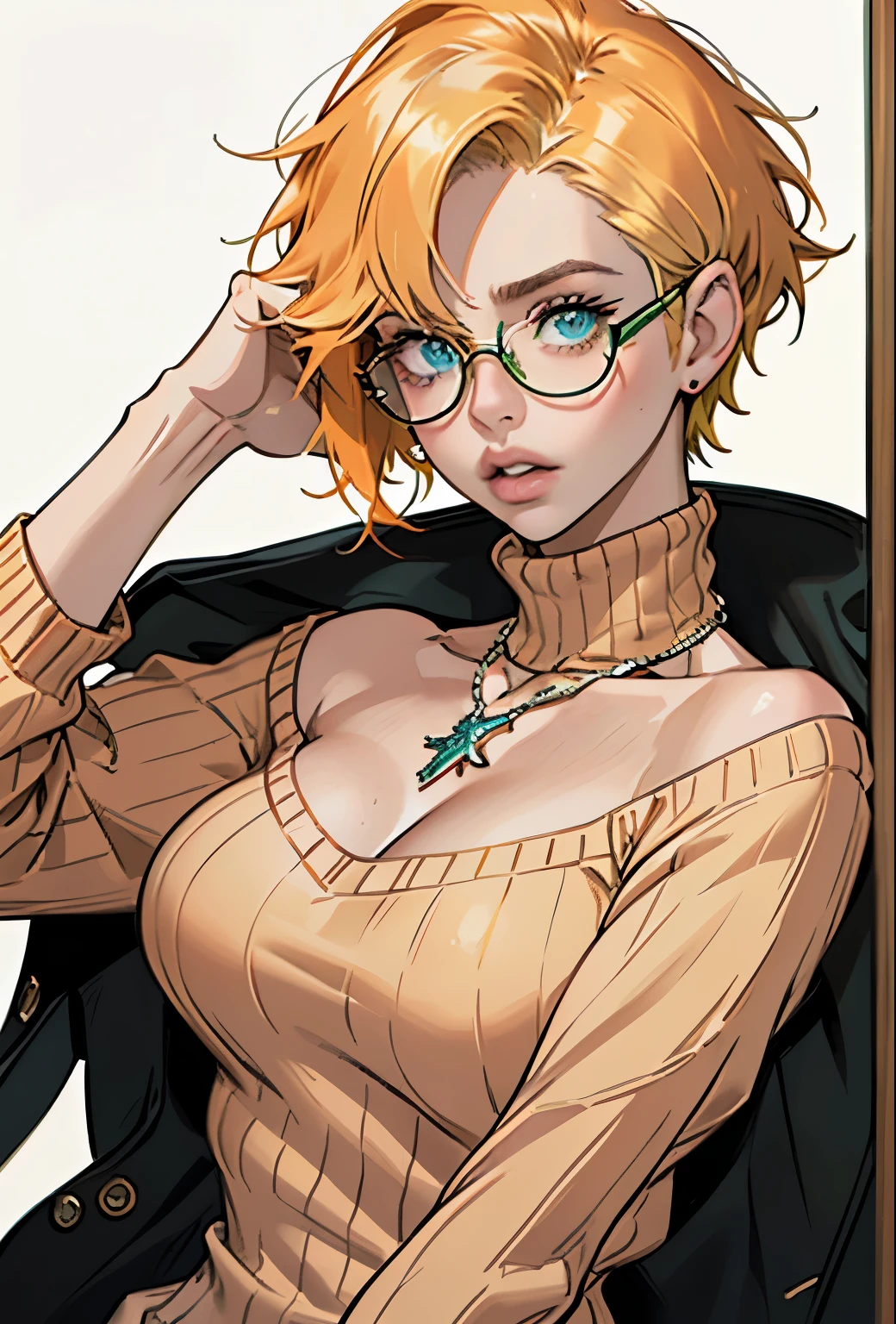 (masterpiece, Highest quality) One girl, Ashley Graham RE, alone, chest, View your viewers, short hair, blue eyes, shirt, Bare shoulders, jewelry, medium chest, Green Eyes, Upper Body, Blonde, parted lips, No sleeve, necklace, sweater, lips, turtleneck, Bobcut, ribbed sweater, Realistic, nose, No sleeve turtleneck, orange shirt, orange sweater,Glasses,