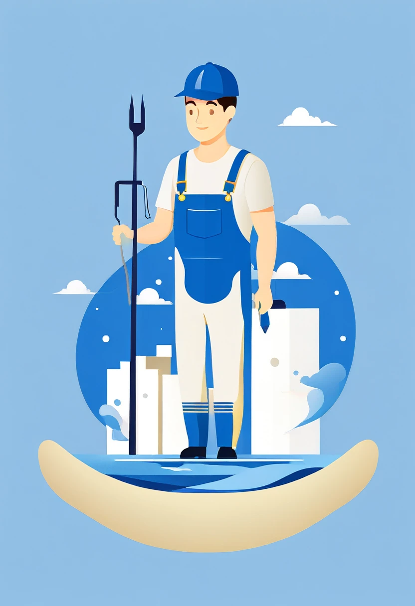 Maintenance personnel，A man wearing a blue hat，Wearing blue overalls，illustration，Stroke，formal，Icon logo，