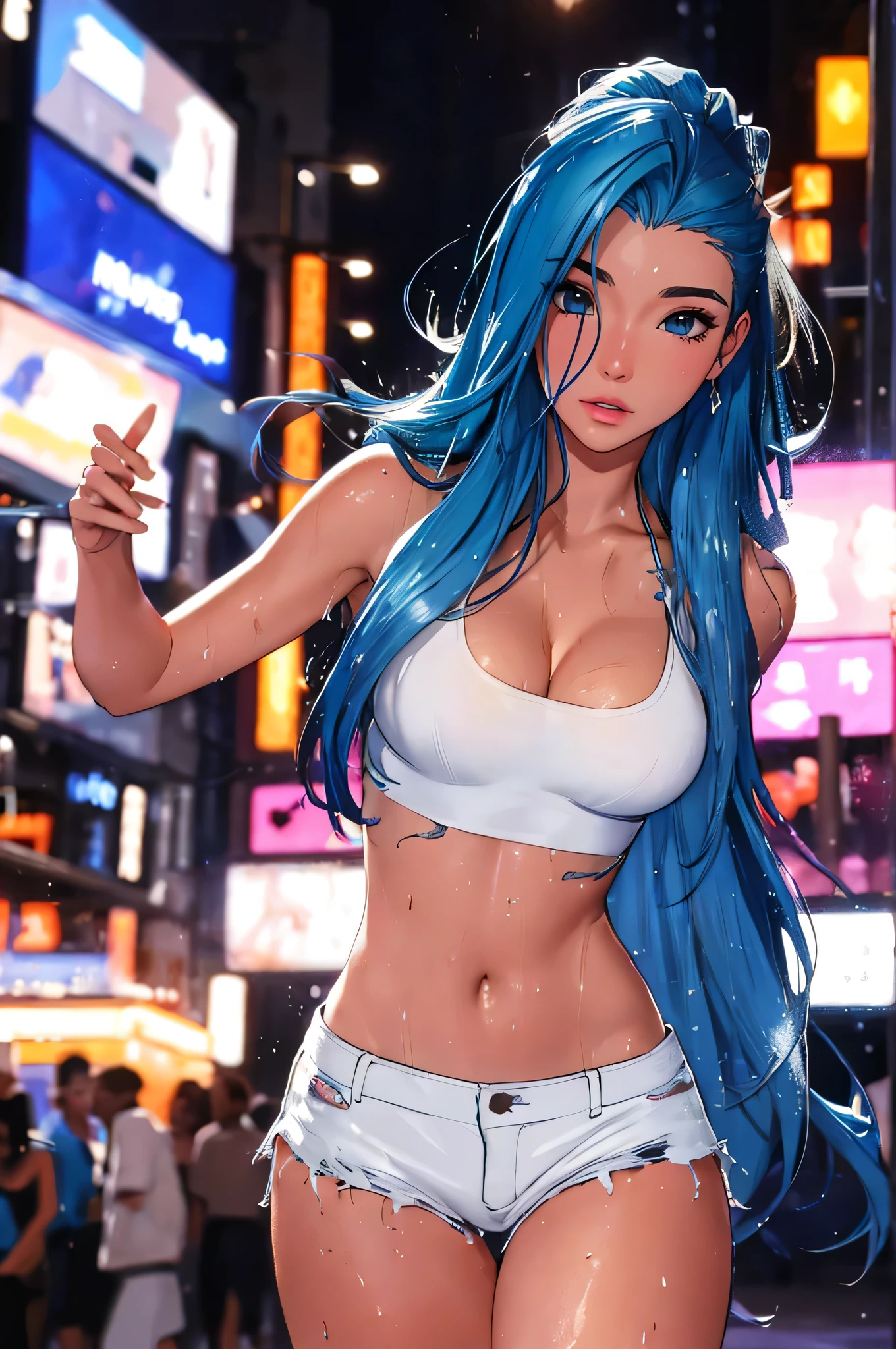 (best quality: 1.2), clean face, (masterpiece: 1.2, 8k)(PureErosFace_V1: 0.7), perfect anatomy, 1girl,a beautiful fashion model ,(masterpiece, official art, best quality) (wet skin, shiny skin) ,long and shiny hair, blue hair with streaks in hair, long hair, full lips, upturned nose , big breasts, looking at viewer, revealing outfit, absurdity, intricate details, , dynamic pose, club, dancing, night life, cinematic lighting, (highly detailed skin: 1.2), wearing
short shorts and a tight white top, cleavage, torn clothes