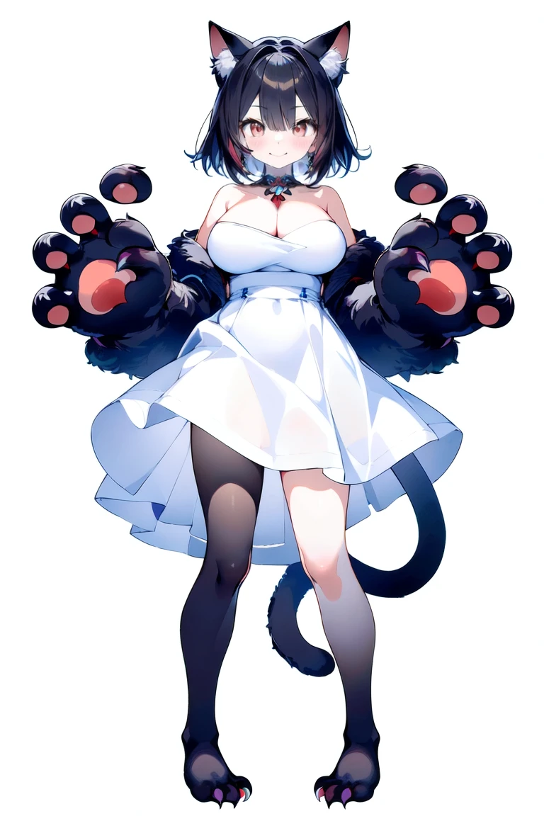 (masterpiece, Highest quality),One girl, alone,Large Breasts, White Dress, marker, Animal Hands, 猫のfeet,blackのレッグウェア, No shoes, (Vtuber Standing Pictures)、(Standing picture on the front)、Shoulder Bare、feet、White Background, whole body、merkuriacat、animal hands、cat paws、black_hair, Hello, have,