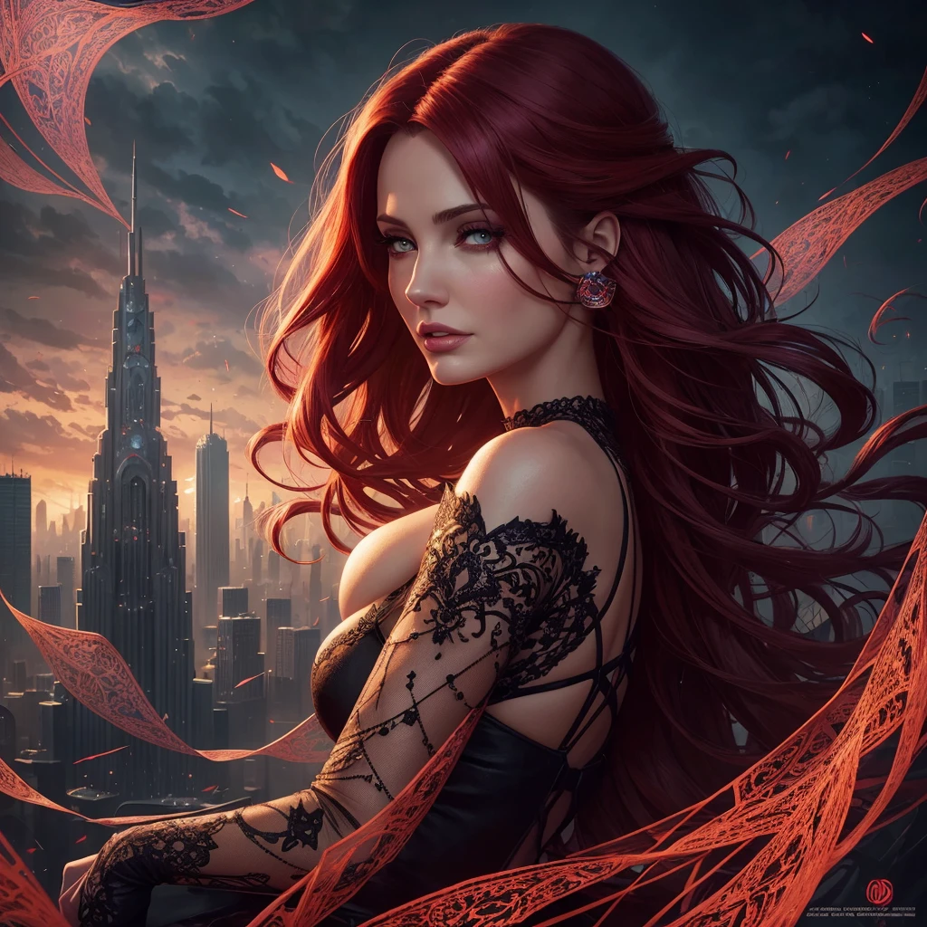 book cover asteroid armaggeddon, , full body of a woman with a stupid face of Winona Ryder morphed with Angelina Jolie with colorful hair and a city skyline, spider web lace, cracked glass canvas decoration, delight face, extremely laughing, the most gigantic breast, fantasy extremely long hair in the wind, huge moo in the backround, dan mumford tom bagshaw, in style of digital illustration, a beautiful artwork illustration, stunning digital illustration, stylized urban fantasy artwork, detailed matte fantasy portrait, epic portrait illustration, anna dittman, exquisite digital illustration, martin ansin artwork portrait, in style of dark fantasy art, red haired goddess