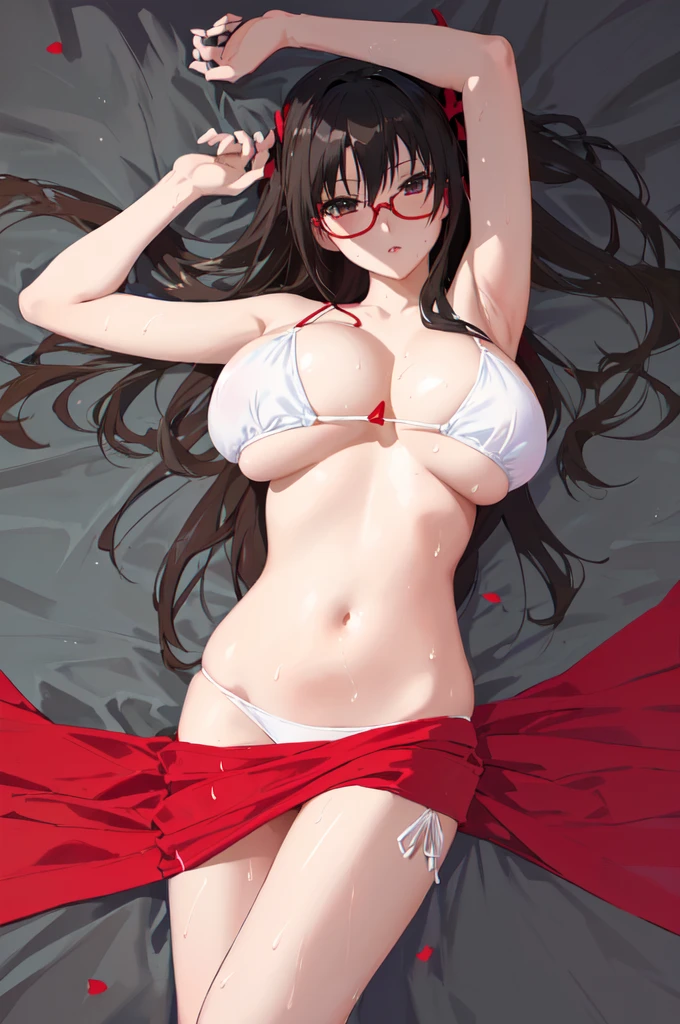 anime girl in a bikini with glasses and a red scarf, seductive anime girl, oppai, breasts covered and sfw, rin tohsaka, hands behind her body pose!, top rated on pixiv, oppai proportions, range murata and artgerm, [ 4 k digital art ]!!, at pixiv, sfw version, thicc,huge breasts, wet, anime style