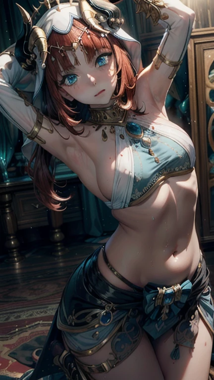 ((masterpiece)),(bestquality),((ultra-detailed)), (beautiful detailed face), depth of field,detailed,((beautiful detailed eyes)), medium breast, niloudef, full body, Belly Dancing pose, sensual, seductive. Theatre scenario background.