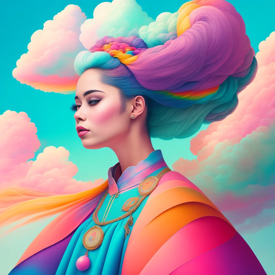 art illustration,portrait of ,often neck,Hair covered in clouds,smoke, very wild hair, colored wavy hair,two long braids, long wild hair, colored hair, Wear a long skirt, hight contrast, epic, absurdrez, surprising, interesting, itchy, super verbose, surreal, pastel colours, 8K,contrasting colours,spring landscape,Abstract surreal colors,rich and colorful,surrealismo da geometria pop,rainbow colored dreams,Icon Design,Rozmin Trip,vectorial art