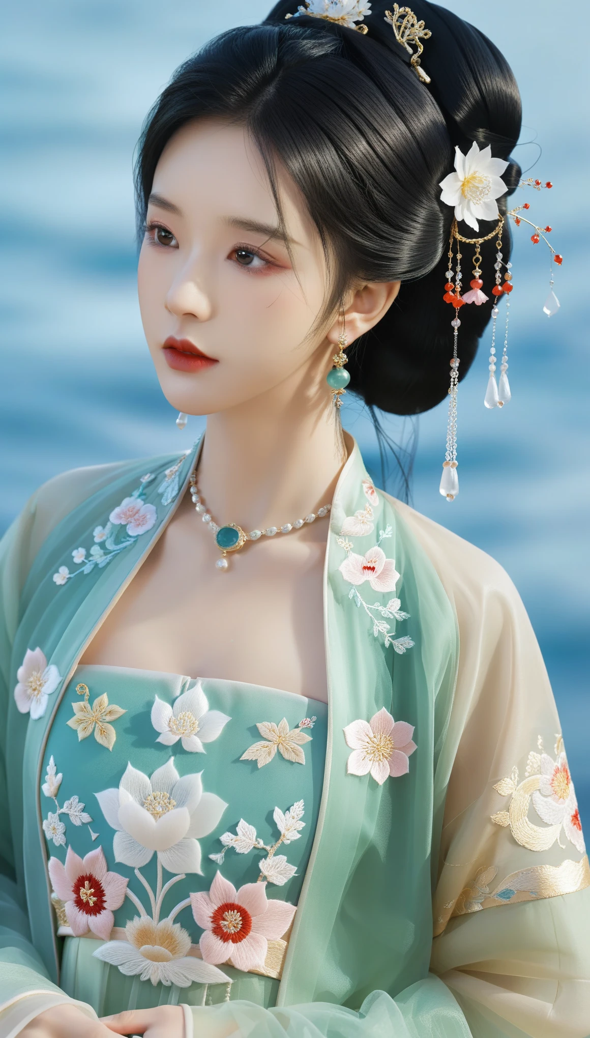 Textured skin,skin particles,masterpiece,best quality,8K,official art,ultra high res,1girl,chinese clothes,hanfu,jewelry,hair ornament,upper body,solo,earrings,flower ocean,remains,flower,black hair,necklace,teeth,hair bun,dress,parted lips,hair flower,((full body)),dress,hanfu,embroidery,exquisite,meticulous,(tulle:1.4),