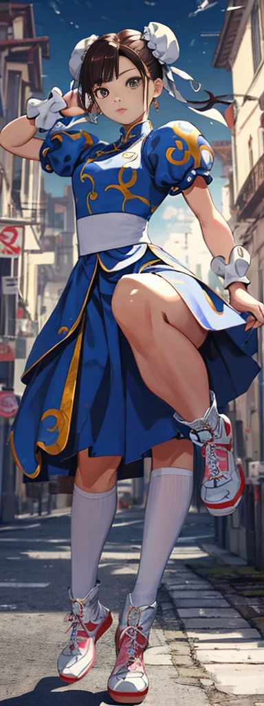 chun-li,((masterpiece)), ((best quality)), ((ultra detailed)), ((kawaii)), cute, (lovely), ((extremely detailed)), ((8K)), (beautiful),flat breast, tiny breast,full body