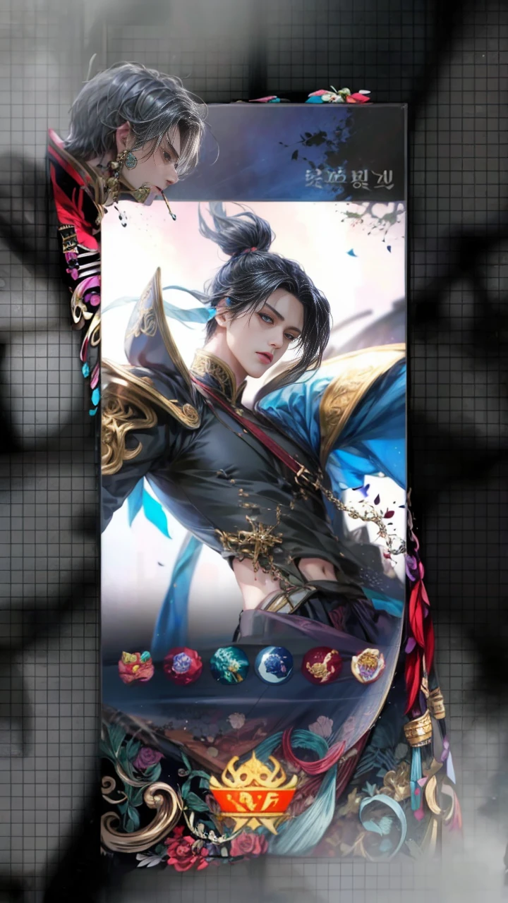 (absurdres, highres, ultra detailed, HDR), masterpiece, intricate details, best quality close-up picture of a character from suikoden, a character with handsome looks, korean face, original hair, short hair, anime blue eyes, smirking face, matured teen, tim Burton theme, dark royal wedding theme outfit showing chest, crop top, detailed garden wedding setting background, colorful roses scenery, detailed character, art kenouji