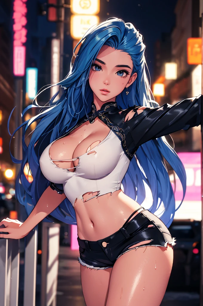 (best quality: 1.2), clean face, (masterpiece: 1.2, 8k)(PureErosFace_V1: 0.7), perfect anatomy, 1girl,a beautiful fashion model ,(masterpiece, official art, best quality) (wet skin, shiny skin) ,long and shiny hair, blue hair with streaks in hair, long hair, full lips, upturned nose , big breasts, looking at viewer, revealing outfit, absurdity, intricate details, , dynamic pose, club, dancing, night life, cinematic lighting, (highly detailed skin: 1.2), wearing
short shorts and a tight white top, cleavage, torn clothes