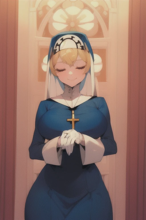 Double, short blonde hair, medium breasts, solo, smiling, cowboy shot, closed eyes,
blue habit, cross necklace ,white gloves, long sleeves, nun, long skirt
(insanely detailed, beautiful detailed face,beautiful detailed eyes, masterpiece, best quality) room, bedroom, sexy pose