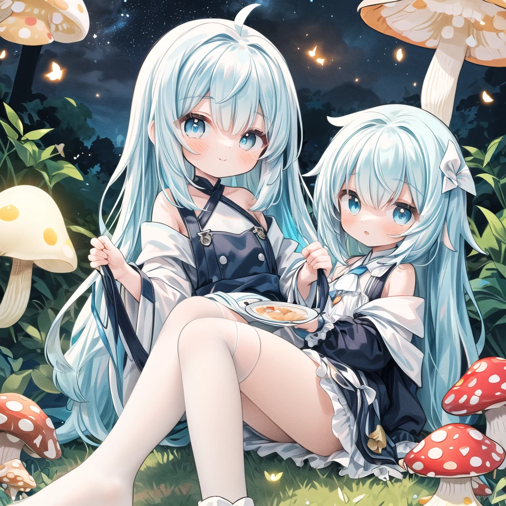 masterpiece, best quality, extremely detailed, (illustration, official art:1.1), 1 girl ,(((( light blue long hair)))), ,(((( light blue long hair)))),light blue hair, , long hair ((blush)) , cute face, big eyes, masterpiece, best quality,(((((a very delicate and beautiful girl))))),Amazing,beautiful detailed eyes,blunt bangs((((little delicate girl)))),tareme(true beautiful:1.2), sense of depth,dynamic angle,,,, affectionate smile, (true beautiful:1.2),,(tiny 1girl model:1.2),)(flat chest),Wearing a light blue off-the-shoulder puffy sleeve dress and knee-length white boots、Under the stars、Sitting in the woods next to an orange mushroom surrounded by fireflies。  blue eyes, , Trump, Tea cup, White lace thigh high socks, Miniskirt lift, Half Body, Dynamic pose、Tie your hair with a ribbon、Fantastical、holding a glowing mushroom in her hands with colorful stars 、、(((glowing mushroom)))、night, White apron, 