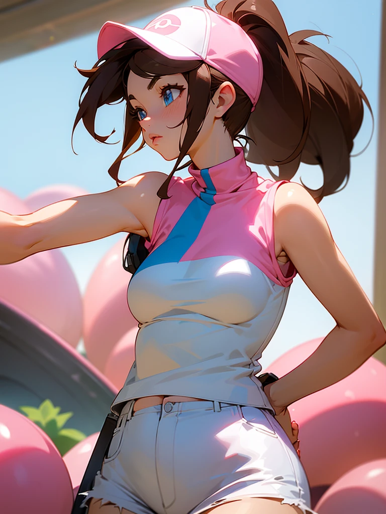 Hilda from Pokémon, Pokémon trainer, cute girl, brown hair, white and pink baseball cap, ponytail, jean shorts, sleeveless top, pretty, glossy lips, adult woman, 25 years old, american woman, tomboy, sky blue eyes, her curves are easy to see