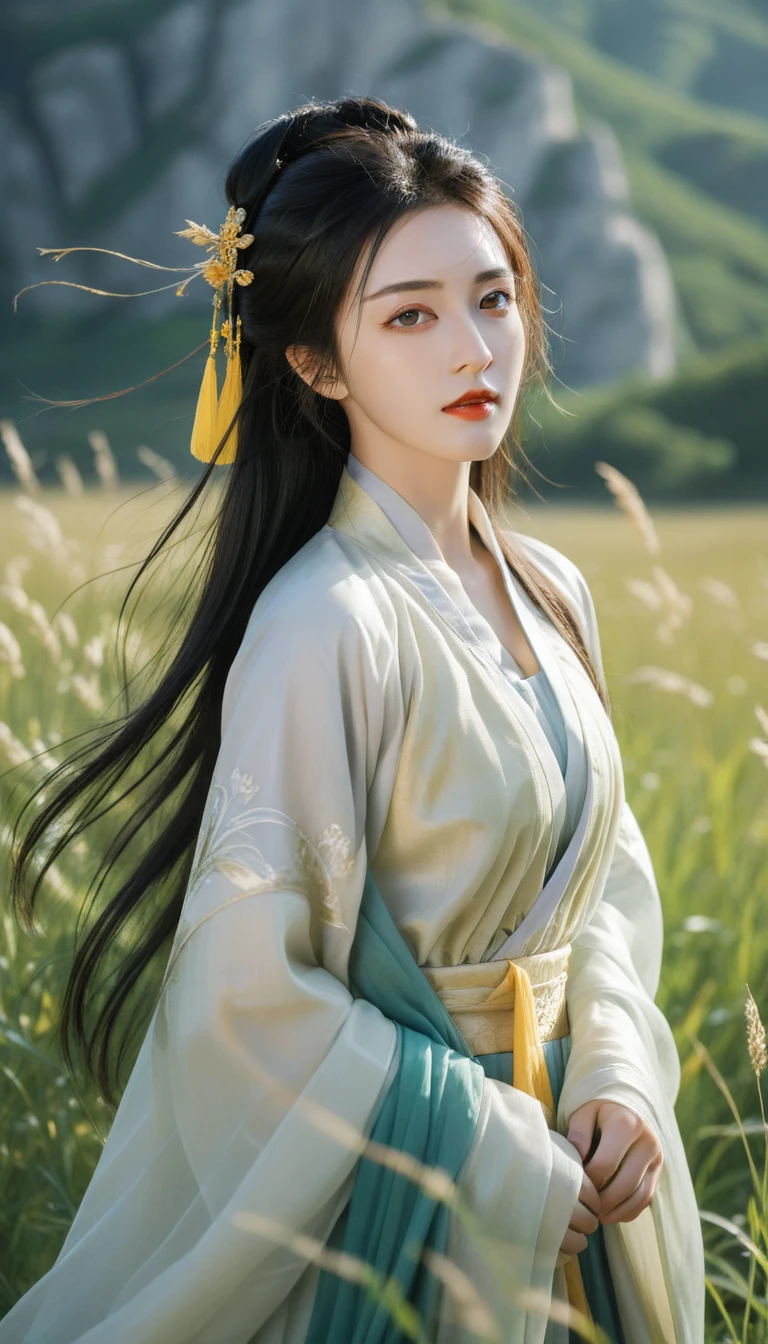 best quality,High definition portrait photography， looking at viewer,a  female figure dressed in a traditional hanfu, summer,ruins,((messy hair)),(grassland),(yellow eyes),incredibly absurdres,(gold hair),floating hair,Large number of environments,the medieval ,grace,prospect,water eyes,wind,breeze,god ray,lawn,Mountains and lakes in the distance,The sun shines through the trees,A vast expanse of grassland,Beautiful face, beautiful eyes,