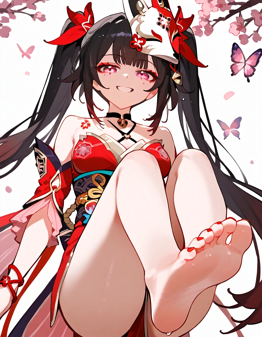 anime artwork, score_9, score_8_up, score_7_up, score_6_up, score_5_up, score_4_up,sparkle \(honkai: star rail\),1girl, twintails, black hair, medium breasts, red eyes, red eyeshadow, fox mask ,
, , , , she is 24 years old, , ,horny, , , , style_3, ,,, floox style, white background,, standing on one leg, , from below, deep skin, foot focus, foot on viewer, evil smile, grin, naughty face,
presenting foot ,wet foots, Sparkle is a young woman who has black hair that is tied into two high pigtails with a red tie. Her hair reaches her hips and has pink tips, fringe middle bangs, and two locks in front, with the left lock reaching her collarbone and the right lock reaches her shoulder. She has fluorescent pink eyes with a light colored butterfly detail under her pupils, a small cherry blossom flower tattoo on her right collarbone, and tiny black dots under each of her eyes. Additionally, a white-and-red Kitsune mask is at an angle on the top of her head, which has a pink flower gem on its forehead. Below it, a bell is tied into her hair, with another bell hanging off a black neck piece.