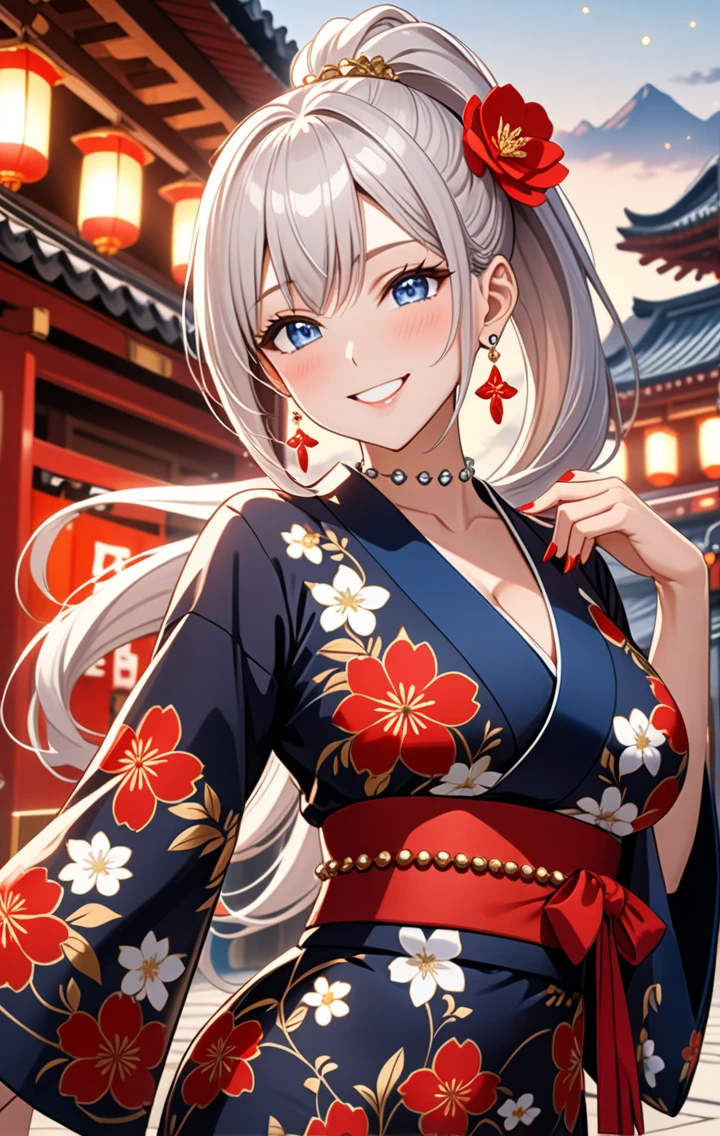 ((one girl)), hyper detailed, absurdres, 8K,Cute face, (Laugh shyly), ((teasing smile:1.8)), ((Wink:1.8)), (Laugh with your mouth wide open:1.3),(Tilt your head:1.3),  View your viewers, ((Bright red cheeks:1.6)),Glossy Red Lips, ((Big Breasts:1.4)) night, Shrine festival stalls, (Brighten your face), ((Anime style background)),masterpiece, Highest quality, so beautiful,Latest, Complex details, (Pink long nails), (nail art), (ring),(bracelet), (helix piercing:1.7), (Floral Choker),AI-generated, Complex,High resolution, Highest quality, super high quality,3D Images、3D Images,One person,Long white hair,(High Ponytail), Anime woman posing for a photo,((silver eyes:1.6)), ((Fine grain、blue eyes、Shining Eyes:1.7)), (Squint your eyes:1.1),a hyperRealistic , hyperRealistic , Realistic,Anime woman with long white hair, Smooth anime CG art, With gold embroidery、A girl in a gorgeous kimono, ((Black long sleeve kimono:1.3)),(Red large floral pattern) ,Long flower hair ornament,Floral Earrings,Mature Body, expensive,Abdominal muscles,Tight waist,((face only:1.6)), ((from a low angle)),