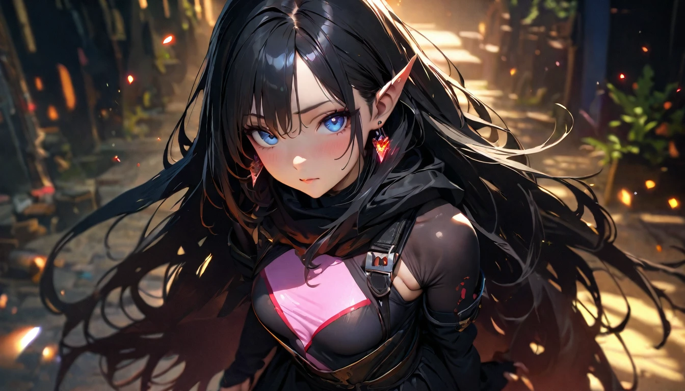 Best quality, masterpiece, A high resolution,,((masterpiece, top quality)), detailed face, masterpiece, Best quality, 1 adult woman, female focus, aboutдин, dark black hair, Bright red eyes, long hair, Looking at the viewer, closed mouth, Fantasy aesthetics, fantasy earring, very detailed, shadow universe style, Dark forest background, in the dark forest, elf ear, drow, black crimes, black scarf around the neck, Blue eyes , ultra detailed, beautiful and aesthetically pleasing, masterpiece, Best Quality Score, extremely detailed, ray tracing, Medium Body, close-up, High view, particles and hard light, cut corner. depth of field、natural soft light、professional lighting、aboutтличная улыбка、(highly detailed skin: 1.2)、Photorealistic render of an anime girl、Bright highlights of the eyes、Ideal Anatomy、Crotch open、shy、legs spread、Panties visible、Shiny body, oily, erectile nipple))、permission 8k、complex parts、Toned waist、Wide buttocks、Эффект Тиндаллаmasuter piece、top quality、Highest standards、Highest image quality、table、complex parts、A high resolution、depth of field、natural soft light、professional lighting、about, standing, very long hair, cowboy shot, brilliant, brilliant hair, (night:1.2),Dreamy, [[gentle fingers and hands:0.55]::0.85],(detailed fingers),),(emotional),(breathtaking),(main part:1.2) whole body.), (Anime Style), (Super Detailed), (brutal), (uhd, HDR), (8K), (High Resolution: 1.2), (Complex and Beautiful: 1.2)