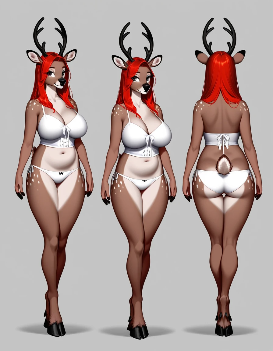 masterpiece, Best quality, antro, Furry, deer, Doe, Long eyelashes, plump, big breasts, big butt, Red hair, square hairstyle,shoulder-length hair, Cinematic lighting, Scattered light, A high resolution, high detail, ultra realistic, nice smile, smiling, Reference, full height, вид в full height, deer hooves, a tall girl, looks from the front, standing straight, full height, coming, stepping, strolls, You can see the legs, hooves are visible, Deer tail, Dressed in underwear, , Reference персонажа