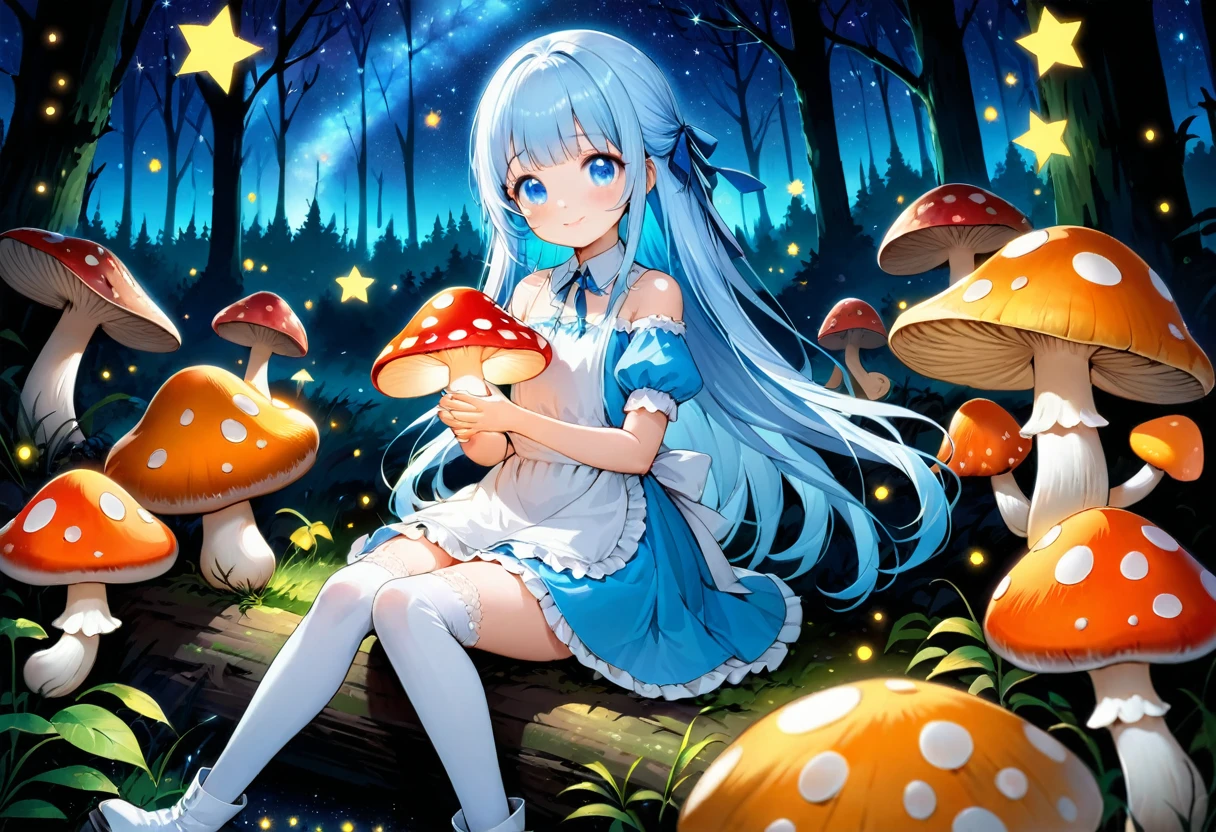 masterpiece, best quality, extremely detailed, (illustration, official art:1.1), 1 girl ,(((( light blue long hair)))), ,(((( light blue long hair)))),light blue hair, , long hair ((blush)) , cute face, big eyes, masterpiece, best quality,(((((a very delicate and beautiful girl))))),Amazing,beautiful detailed eyes,blunt bangs((((little delicate girl)))),tareme(true beautiful:1.2), sense of depth,dynamic angle,,,, affectionate smile, (true beautiful:1.2),,(tiny 1girl model:1.2),)(flat chest),Wearing a light blue off-the-shoulder puffy sleeve dress and knee-length white boots、Under the stars、Sitting in the woods next to an orange mushroom surrounded by fireflies。  blue eyes, , Trump, Tea cup, White lace thigh high socks, Miniskirt lift, Half Body, Dynamic pose、Tie your hair with a ribbon、Fantastical、holding a glowing mushroom in her hands with colorful stars 、、(((glowing mushroom)))、night, White apron, 