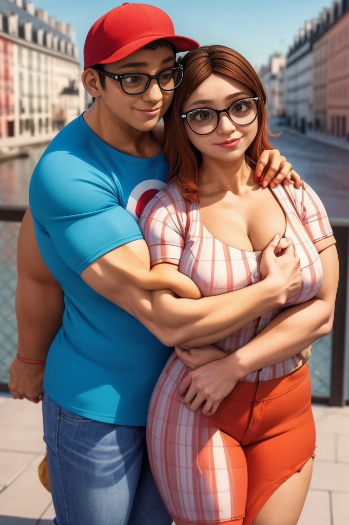 (masterpiece, best quality:1.2), A couple , boy Nino Lahiffe: Brown skin, dark hair, usually seen wearing a red cap, glasses, and casual clothing like a T-shirt and jeans, and a girl Alya Césaire: Brown skin, curly dark brown hair, often wears glasses, and typically seen in stylish, casual outfits. A casual day out with both characters in their everyday attire,Sharing a tender moment, like sitting on a rooftop overlooking Paris..(girl and boy:1), smiling, ((high resolution illustration)), ((extremely detailed)), (couple), Alya, Nino, Nino X Alya, (best quality,4k,8k,highres,masterpiece:1.2), ultra-detailed, realistic:1.37, HDR, studio lighting, extreme detail description, nino wearing a red cap, professional, vibrant colors, bokeh, ((muscular female bodybuilder)), detailed lips, strong embrace, romantic scene, intimate moment, intense passion, athletic bodies, fitness couple, gym.
