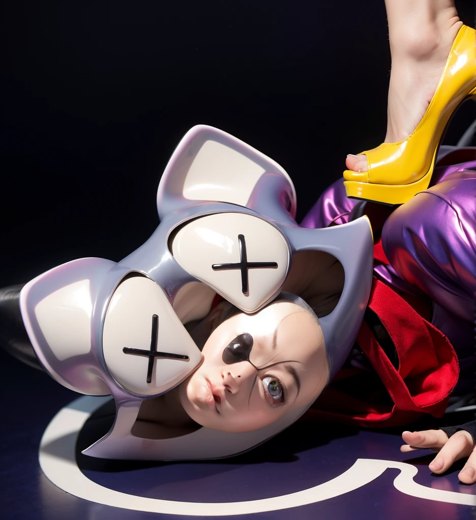 This image features a dark-skinned young man of African descent dressed in a vibrant raccoon costume lying down on a dark surface. The raccoon mask he is wearing shows a sad expression with large X's over the eyes, suggesting a dazed or lifeless state. His outfit includes a glossy, latex-like purple costume that appears wet and shimmers with iridescent colors, adding a striking, polished look to his appearance. He also wears a red scarf and black fingerless gloves. Standing on his back is a person wearing bright yellow high-heeled shoes with white ankle socks. The glossy, latex-like finish of the shoes matches the shimmering quality of the young man's outfit, creating a cohesive and visually appealing contrast. The combination of the shiny, iridescent textures and vibrant colors enhances the overall dramatic and whimsical nature of the scene.