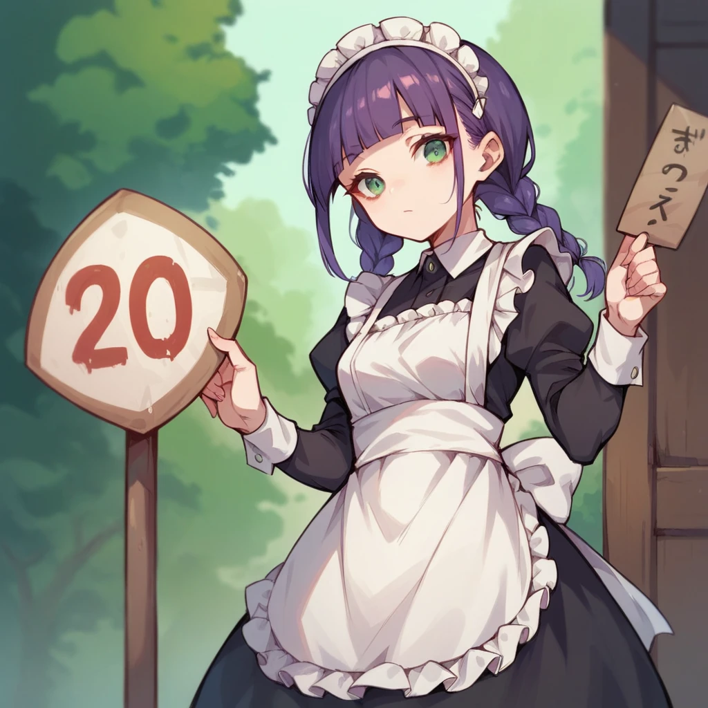 a girl pale purple and twin braids and blunt bangs hair,green eyes, the girl is holding a sign that says "Not for show", maid uniform,