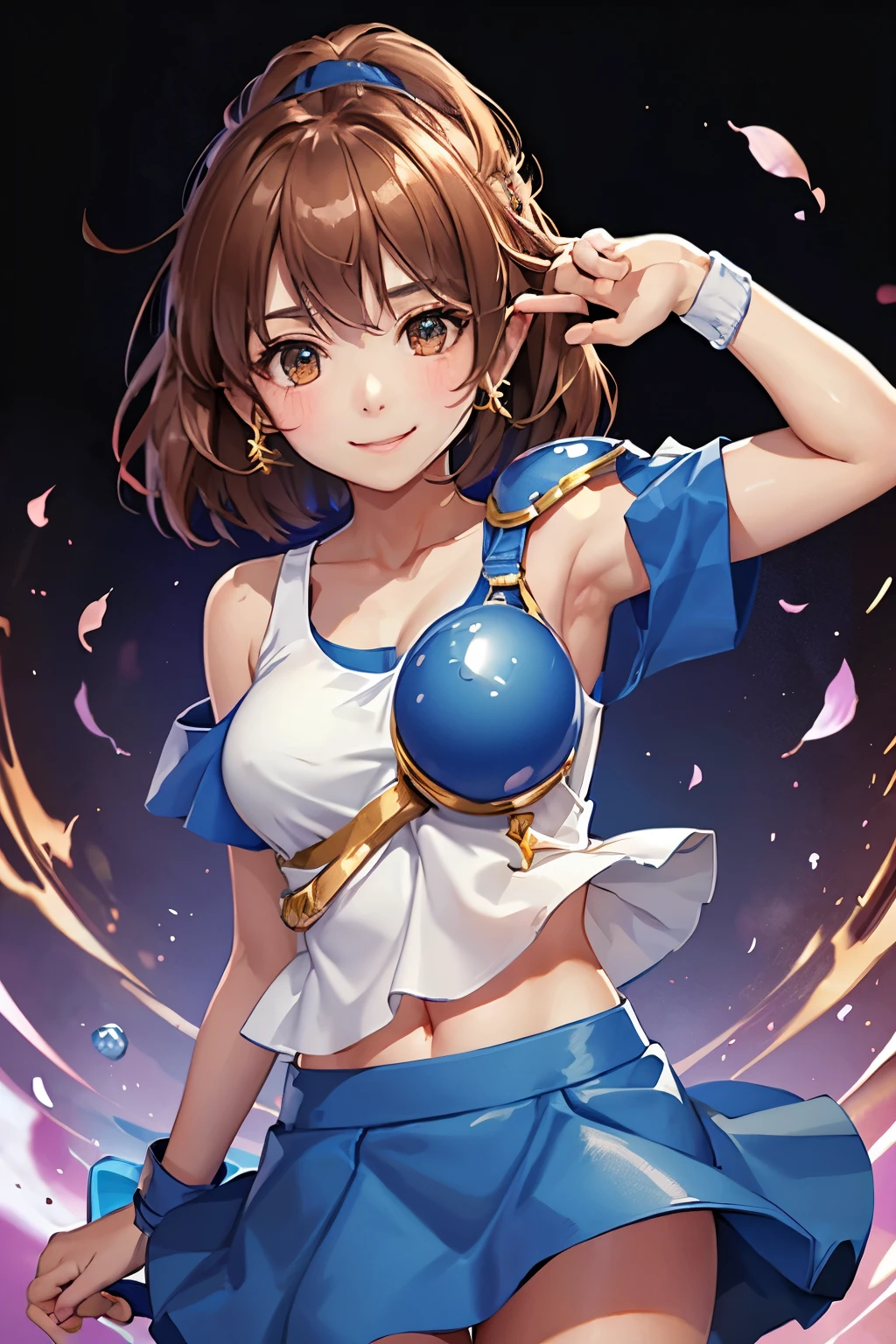 （（（ＳＦＷ、sound、Highest quality、first-clasasterpiece、Normal body、、Detailed face、Ultra-precision、Normal hand、Normal finger、５Finger、Highest）））、beautiful girl、Brown Hair、Bobcut、slender、low length、thin feet、arles、Puyo Puyo、Sorcerer、Blue shirt、White tank top、Tank top over shirt、Blue mini skirt、Half shoulder pad、Half Breastplate、blush、Dungeons、Spread your legs、Ripped tank top、Torn shirt、Torn Skirt、Skirt flipped up、Open clothes、smile、Spreading energy、magic、Byeeen