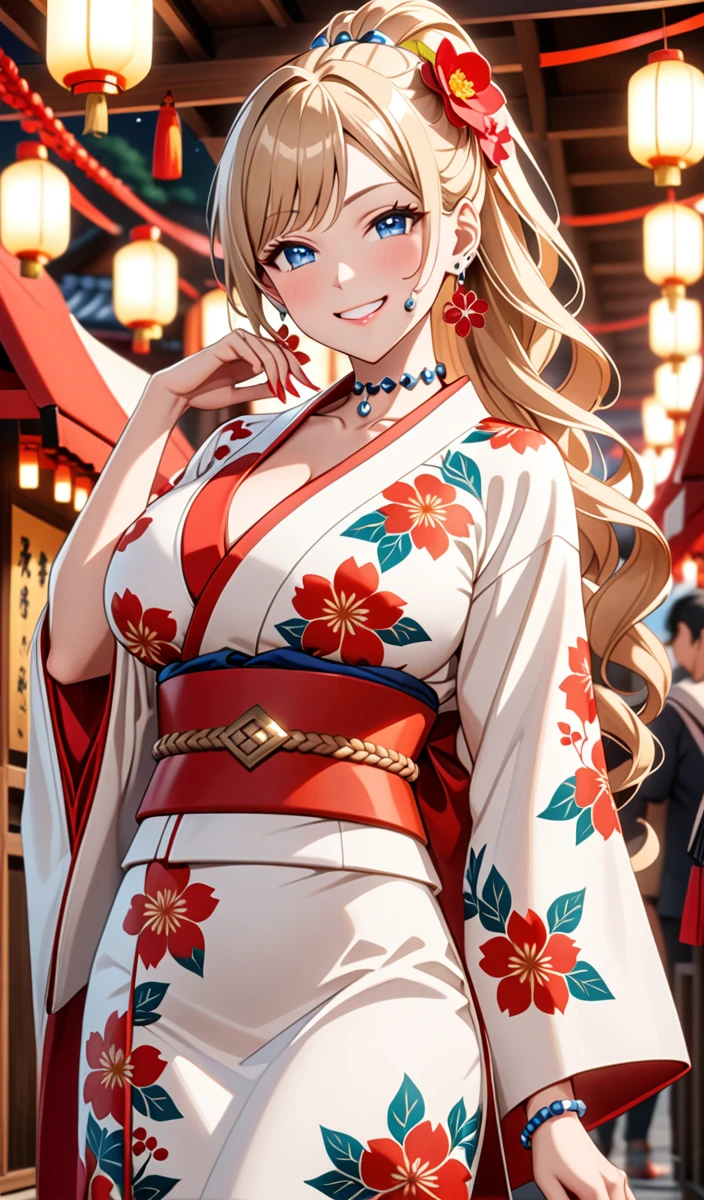 ((one girl)), hyper detailed, absurdres, 8K,Cute face, Beautiful Face, (Laugh shyly), ((teasing smile:1.8)), ((Wink:1.8)), (Laugh with your mouth wide open),(Tilt your head:1.3), View your viewers, ((Bright red cheeks:1.6)),Glossy Red Lips, ((:1.5)) night, Shrine festival stalls, (Brighten your face), ((Anime style background)),masterpiece, Highest quality, so beautiful,Latest, Complex details, (Pink long nails), (nail art), (ring),(bracelet), (helix piercing:1.7), (Floral Choker),AI-generated, Complex,High resolution, Highest quality, super high quality,3D Images、3D Images,One person,Blonde long hair,(High Ponytail), (Wavy Hair), Anime woman posing for a photo, ((Fine grain、blue eyes、Shining Eyes:1.4)), (Squint your eyes:1.1),a hyperRealistic , hyperRealistic , Realistic,Long blonde anime woman, Smooth anime CG art, Pink large floral patternの刺繍が入った、A girl in a gorgeous kimono, ((White long-sleeved kimono)),(Pink large floral pattern) ,Long flower hair ornament,Floral Earrings,Mature Bodynsive,Abdominal muscles,Tight waist,((Zoom in on face:1.9)), (((from a low angle)),