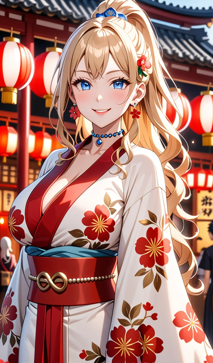 ((one girl)), hyper detailed, absurdres, 8K,Cute face, Beautiful Face, (Laugh shyly), ((teasing smile:1.8)), ((Wink:1.8)), (Laugh with your mouth wide open),(Tilt your head:1.3), View your viewers, ((Bright red cheeks:1.6)),Glossy Red Lips, ((Big Breasts:1.5)) night, Shrine festival stalls, (Brighten your face), ((Anime style background)),masterpiece, Highest quality, so beautiful,Latest, Complex details, (Pink long nails), (nail art), (ring),(bracelet), (helix piercing:1.7), (Floral Choker),AI-generated, Complex,High resolution, Highest quality, super high quality,3D Images、3D Images,One person,Blonde long hair,(High Ponytail), (Wavy Hair), Anime woman posing for a photo, ((Fine grain、blue eyes、Shining Eyes:1.4)), (Squint your eyes:1.1),a hyperRealistic , hyperRealistic , Realistic,Long blonde anime woman, Smooth anime CG art, Pink large floral patternの刺繍が入った、A girl in a gorgeous kimono, ((White long-sleeved kimono)),(Pink large floral pattern) ,Long flower hair ornament,Floral Earrings,Mature Body, expensive,Abdominal muscles,Tight waist,((Zoom in on face:1.9)), (((from a low angle)),