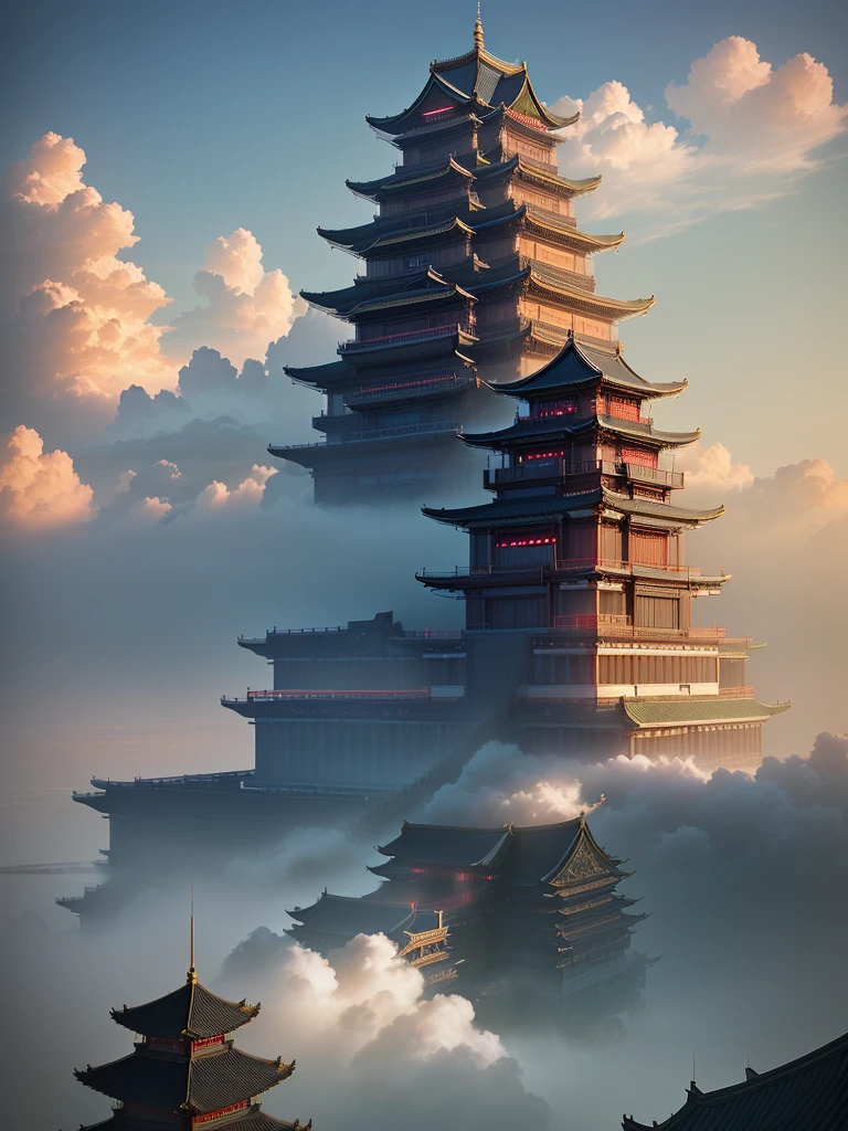 A building with stairs surrounded by clouds and water, Cloud Palace, Beautiful rendering of the Tang Dynasty, Beautiful digital artwork, 3D Epic Illustrations, 3D rendering of beeple, Detailed digital 3D art, 4k highly detailed digital art, Complex and gorgeous anime CGI style, Dreamy Chinatown, Feiyun Castle, Chinese Fantasy, Highly detailed digital art