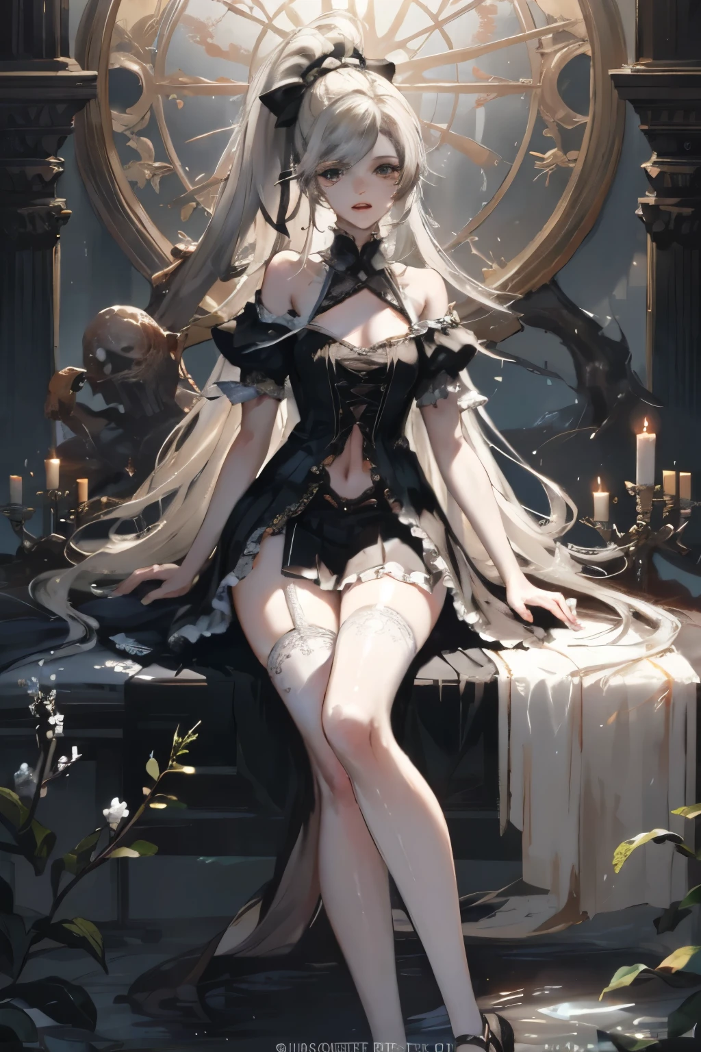  ((best quality)), ((masterpiece)), (detailed), 1girl, NSFW, small breasts, prominent collarbones, skinny arms, flat stomach, visible hip bones, long hair, ponytail, thick ponytail, heavy ponytail, red and white clothing, Bloodborne inspired, occult aesthetic, occult, detailed and intricate steampunk and detailed gothic, Fluttering lace flared long knee length dress with frilly petticoats, knee length dress, pleated petticoats