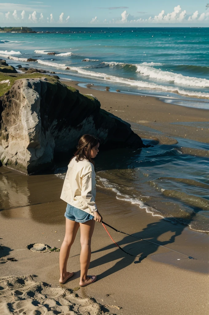 Animation of a girl fishing alone in the background on the beach