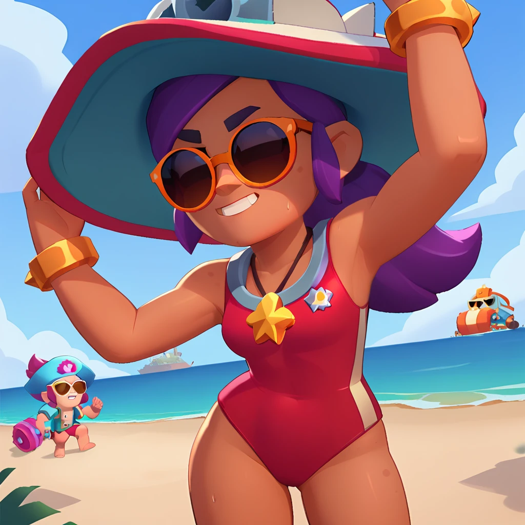 a blue-skinned, female, dwarf triceratops, wearing a red swimsuit and sunglasses, with a pink and white life preserver, brawl, brawl stars