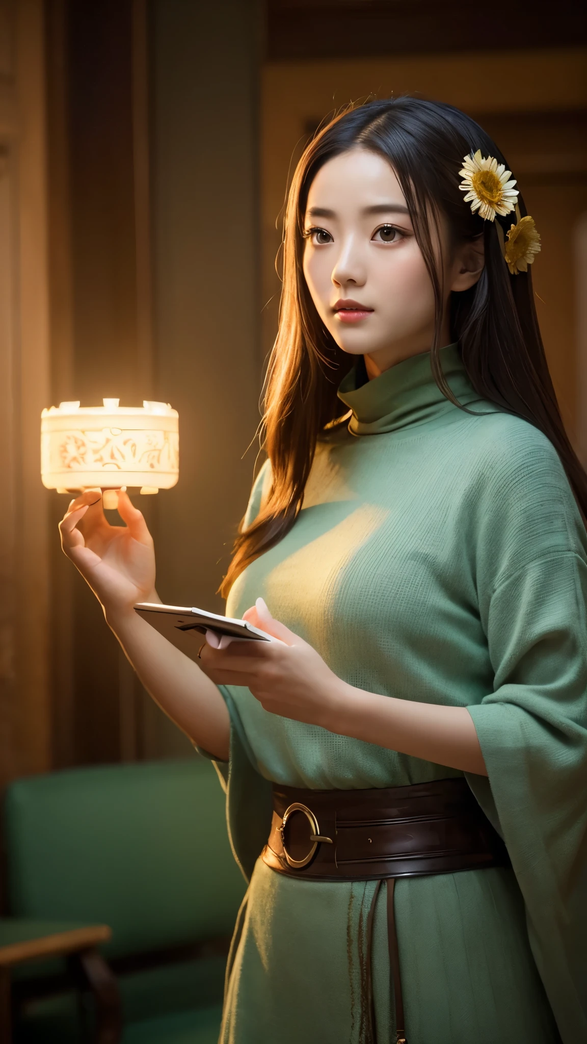 (ink, wonderful: 1.3, Unified 8k wallpaper, Realistic, detailed: 1.2, masterpiece, figure), [((1 Girl), upper_body, Dynamic Angle, world masterpiece theater: 1.2, Highest quality, Suppressed, beautiful, Ghost Dance Sweater, Long hair flows, Soft gloss: 0.8, chrysanthemum), :( Cinema Lighting: 1.3, only_Flare: 1.2, Elements of Dunhuang)]