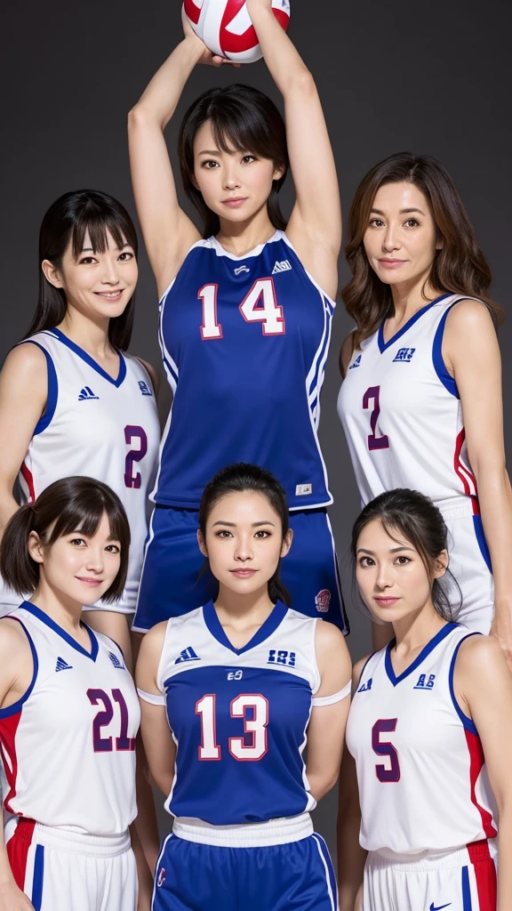 ((Highest quality)), ((masterpiece)), (detailed), volleyball uniform,Japanese women,((Mature Woman)),Middle age,45 years old,((3人のMature Woman)),(((Three Women))),Three Women,Three people side by side,Gymnasium background,Beauty,Beautiful face,Cute face,Realistic and natural live-action