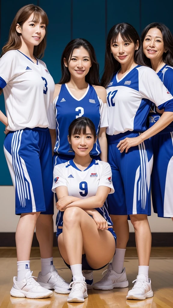 ((Highest quality)), ((masterpiece)), (detailed), volleyball uniform,Japanese women,((Mature Woman)),Middle age,45 years old,((3人のMature Woman)),(((Three Women))),Three Women,Three people side by side,Gymnasium background,Beauty,Beautiful face,Cute face,Realistic and natural live-action