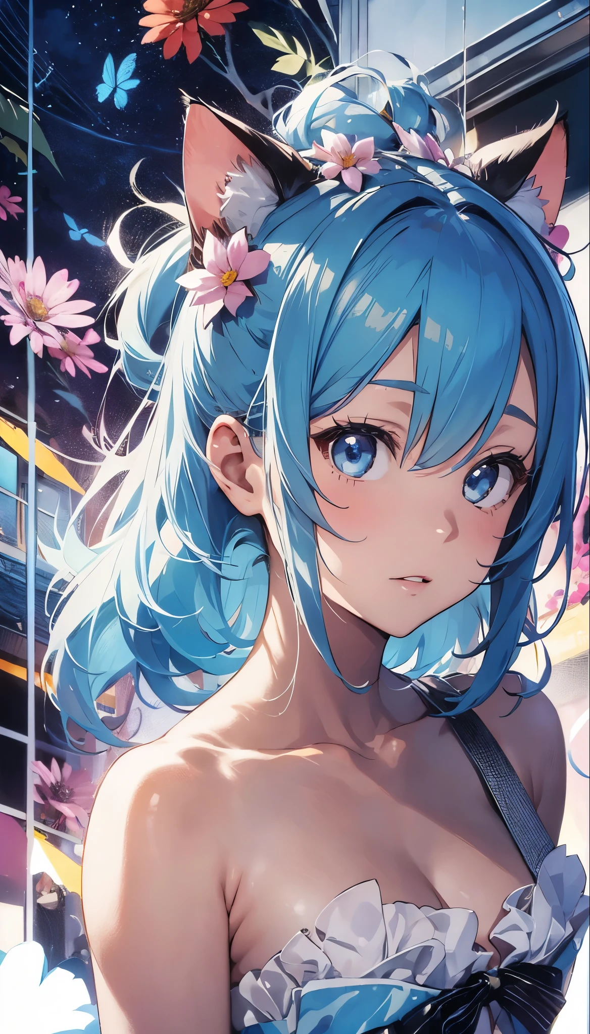 4K,8K,(masterpiece), (Highest quality), (Very detailed), (Disheveled Hair), (figure), (Cat ear girl), (topless), Are standing, Fashion Model, Looking at the audience, (interview), (Simple Background), Beautiful and beautiful eyes, Delicate and beautiful face, floating, (High saturation), (topless), topless, (shine), Focus on the face, ponytail, Ayaka Kamisato, Light blue hair, bangs, Hair Ring, floating flowers, floating hair, (The Shining), Best lighting, Best Shadow, topless