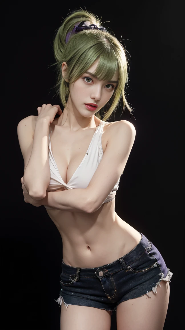 8K, Top Quality, Intricate Details, Ultra Detail, Ultra High Resolution, Masterpiece, close up shot, (full body: 1.1), Slender, Smile, (Makeup: 0.4), (walking), (Fluffy Eyes: 1.21), ((bangs)), 1girl, solo, 1 girl, (((purple eyes, green hair, bangs, long hair, high ponytail , )), (()), close up shot, , ((tall)), (((fit body))), (((slim face))), sharp face, (( ripped mini crop top, torn mini pants , , no bra, no panties, no inwear, no underwear, cleavege , crotch)) , (detailed face), sharp face, small lips, ( walking), walk pose, walking pose,
((,, )), , ((,)), detailed face, detailed breast, large breast, huge breast, (( )), detail ass, Narrow Waist, Skinny, tall , 175 cm tall, Muscular, Navel, Exposed Abdomen, Pointed Chest,, Beautiful girl with accentuated slender abs: 1.4, Six Pack Abs: 1.4,, Perfect Body, detail leg, (( dark background)), black background,