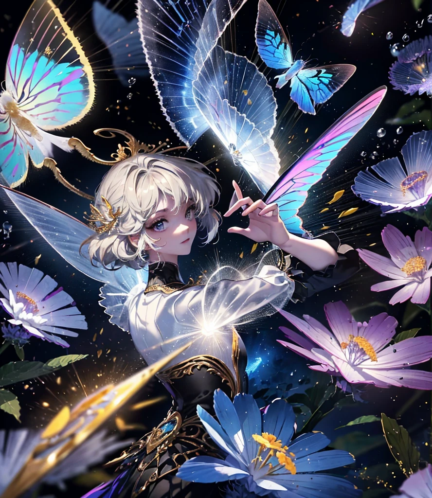 (((Masterpiece))), (((Best quality))), ((Ultra-detailed)),(Highly detailed CG illustration), ((An extremely delicate and beautiful)),Cinematic light, Create stunning fantasy artwork,fairy fantasy,the Flower Fairy,Transparent butterfly wings,Fairy stick,Lots of flowers,Lots of colouring butterflies, A skirt blown by the wind,Fluttering strands of rainbow hair,Side Body,ventania:1.3,dyna,brightly colored,Exudes an aura of mystery and magic. Pay close attention to intricate facial features, For example, mesmerizing eyes,smile,brightly, The character's clothes should be designed to be as light as the wings of a cicada, Subtle iridescent details. Blend in with fantastic colors, Dynamic lighting, and detailed background elements,Consider the latest trends in fantasy art, such as incorporating unique lighting effects, Explore dynamic and engaging composition techniques, And try a unique color palette. Take inspiration from top artists on ArtStation and Midjourney. camera: Choose an angle that highlights the beauty of your character,Enhance the magical majesty of the artwork. lighting: Use atmospheric lighting technology to create depth and atmosphere. Resolution: Aim for high-resolution artwork,to showcase intricate detail and clarity. Artistic inspiration: Get inspiration from popular artists on ArtStation, Explore different styles