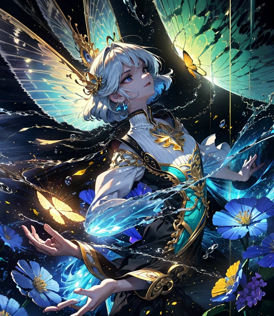 (((Masterpiece))), (((Best quality))), ((Ultra-detailed)),(Highly detailed CG illustration), ((An extremely delicate and beautiful)),Cinematic light, Create stunning fantasy artwork,fairy fantasy,the Flower Fairy,Transparent butterfly wings,Fairy stick,Lots of flowers,Lots of colouring butterflies, A skirt blown by the wind,Fluttering strands of rainbow hair,Side Body,ventania:1.3,dyna,brightly colored,Exudes an aura of mystery and magic. Pay close attention to intricate facial features, For example, mesmerizing eyes,smile,brightly, The character's clothes should be designed to be as light as the wings of a cicada, Subtle iridescent details. Blend in with fantastic colors, Dynamic lighting, and detailed background elements,Consider the latest trends in fantasy art, such as incorporating unique lighting effects, Explore dynamic and engaging composition techniques, And try a unique color palette. Take inspiration from top artists on ArtStation and Midjourney. camera: Choose an angle that highlights the beauty of your character,Enhance the magical majesty of the artwork. lighting: Use atmospheric lighting technology to create depth and atmosphere. Resolution: Aim for high-resolution artwork,to showcase intricate detail and clarity. Artistic inspiration: Get inspiration from popular artists on ArtStation, Explore different styles