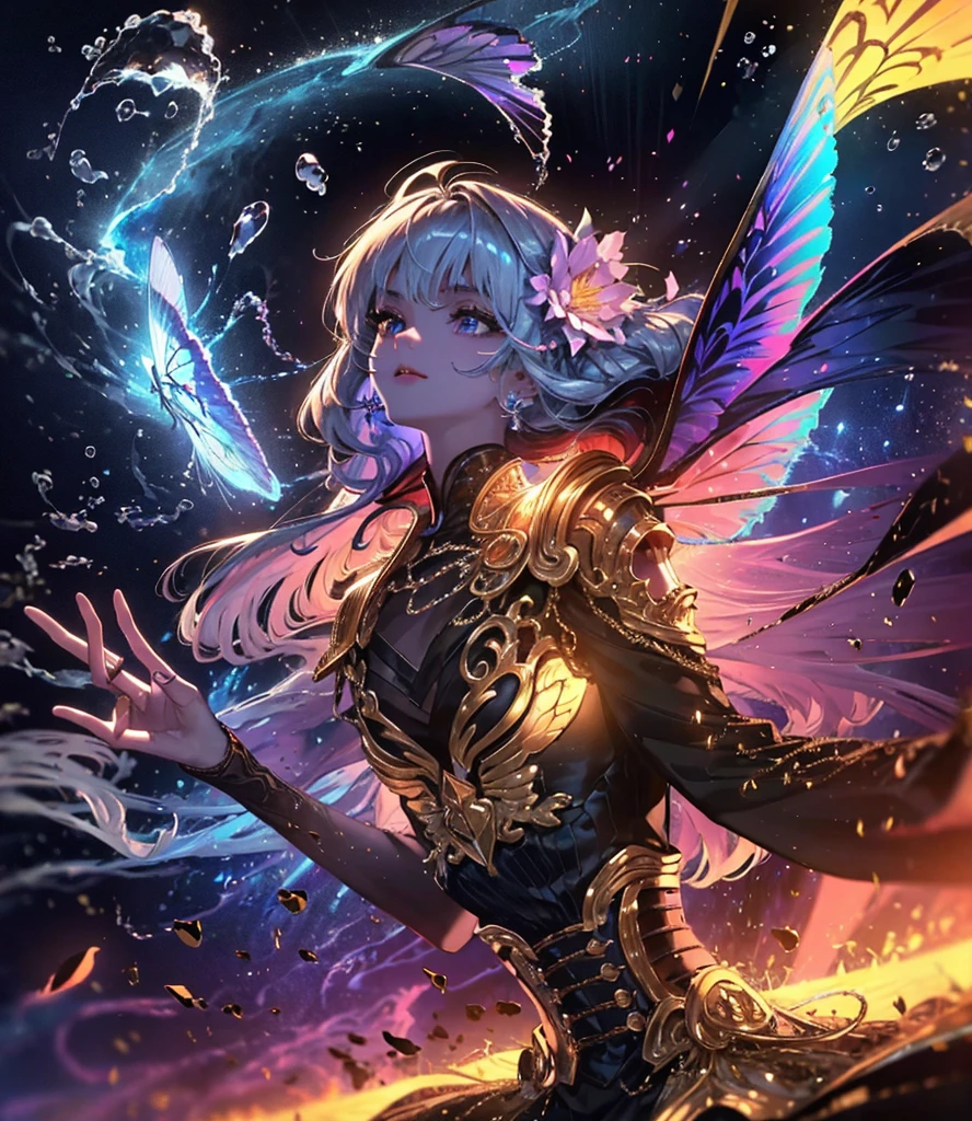 (((Masterpiece))), (((Best quality))), ((Ultra-detailed)),(Highly detailed CG illustration), ((An extremely delicate and beautiful)),Cinematic light, Create stunning fantasy artwork，fairy fantasy，the Flower Fairy，Transparent butterfly wings，Fairy stick，Lots of flowers，Lots of colouring butterflies, A skirt blown by the wind，Fluttering strands of rainbow hair，Side Body，ventania:1.3，dyna，brightly colored，Exudes an aura of mystery and magic. Pay close attention to intricate facial features, For example, mesmerizing eyes，smile，brightly， The character's clothes should be designed to be as light as the wings of a cicada， Subtle iridescent details. Blend in with fantastic colors, Dynamic lighting, and detailed background elements，Consider the latest trends in fantasy art, such as incorporating unique lighting effects, Explore dynamic and engaging composition techniques, And try a unique color palette. Take inspiration from top artists on ArtStation and Midjourney. camera: Choose an angle that highlights the beauty of your character，Enhance the magical majesty of the artwork. lighting: Use atmospheric lighting technology to create depth and atmosphere. Resolution: Aim for high-resolution artwork，to showcase intricate detail and clarity. Artistic inspiration: Get inspiration from popular artists on ArtStation, Explore different styles