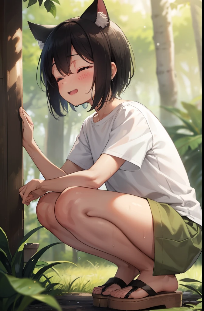 forest,smile,Squat,Put your hands behind your back,close your eyes,1. Small ,short hair,Black Hair,blush,White T-shirt,Olive green shorts,Brown Sandals,White skin,summer,From below,shy,Sweat,Open your mouth wide,Wet,Cat ears,Cat&#39;s Tail,PAW Pose