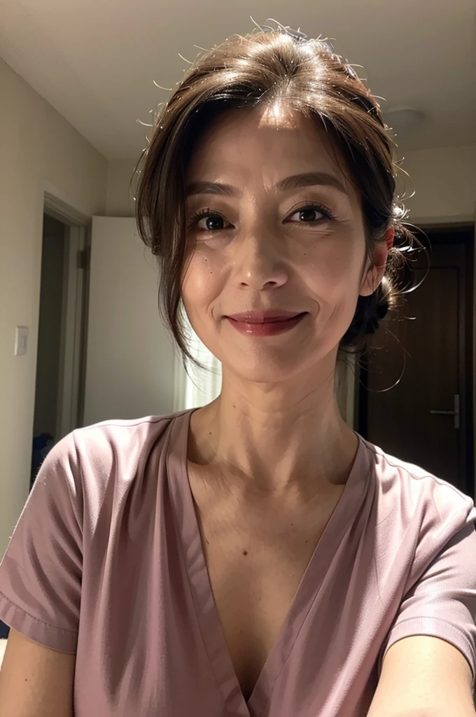 (masterpiece:1.4),(65-year-old woman:1.5),(facial wrinkles 1.2), (hair tied up : 1), A kind smile,maternal, Mature Woman, (dressed as a nurse : 1.1), white nurse uniform, hospital room