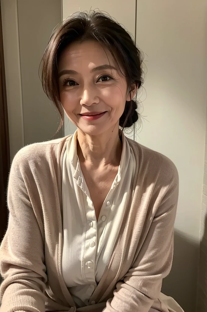 (masterpiece:1.4),(65-year-old woman:1.5),(facial wrinkles 1.2), (hair tied up : 1), A kind smile,maternal, Mature Woman, (dressed as a nurse : 1.1), white nurse uniform, hospital room