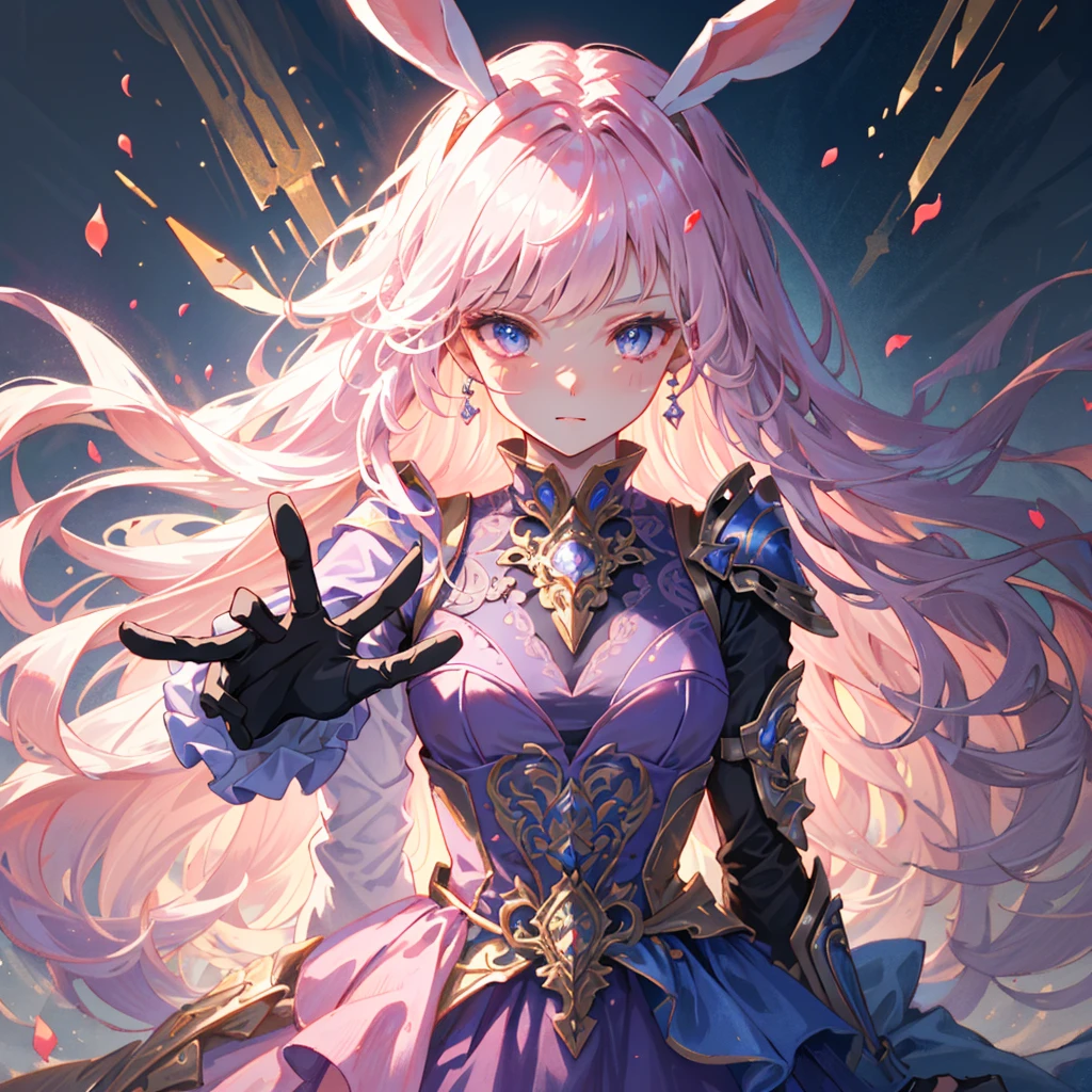 (Detailed illustrations,Extremely detailed and detailed drawing,Delicate lines with slow and fast movements,Realistic texture expression),[color tress main line],(Fantasy World Battlefield [Burning Castle]),(Girl Robot  (Pink Rabbit [metal face])) [Weapon Machine],(([petal] Metal Dress [Frills]) [Floral] [Clear pink translucent armor covering the body surface]) [ribbon]) [Glowing energy tubes at joints],[Use a sledgehammer as a weapon],[[Mobile Weapon Gigant Size][Science Fiction Machine]],(- Metallic luster of metal),(Intricate and beautiful decoration [Intricate details]),(Precisely drawn face)[Perfect eye detail(Beautifully detailed iris)[Jewel-like eyes]],[Long and beautiful eyelashes],[carefully drawn hair [About beautiful and shiny hair]],(Perfect hand detail [Beautiful fingers without breakdowns [Beautiful nails]]),(Perfect Anatomy(Perfect balance))[[Like the whole body]],[Ideal color coordination(Accurate simulation of light-matter interactions)],[Storytelling visual art].
