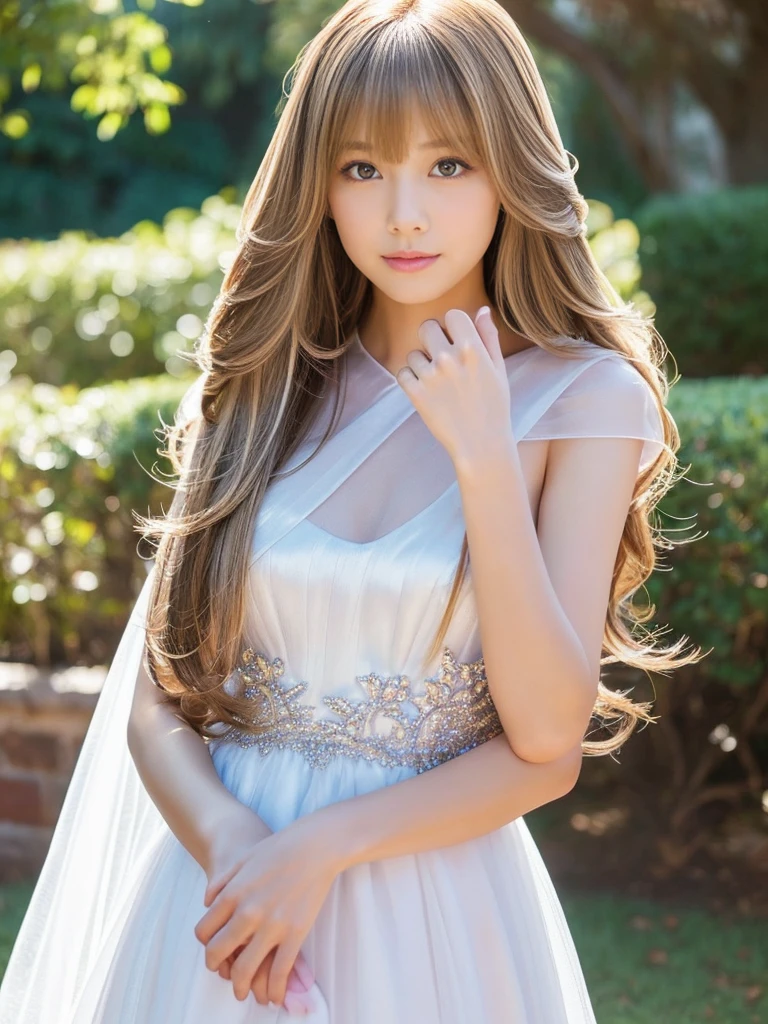 ((whole body))　(big 1.4)　Beautiful Fantasy Girl　((Highest quality)), ((masterpiece)), (Get used to it), Perfect Face　(1 Girl)　(French)　(she is 15 years old、The cutest teen in France.)　((Highest quality)), ((masterpiece)), length blonde hair 　length, 輝く茶colorの髪,Golden Silky Hair, Straight Brown Hair, length blonde straight hair, Perfect Silky Straight Hair, Straight Brown Hair, length blonde hair, sheの髪は長くてまっすぐだ, detailed length blonde hair　((big 1.4))　Super Long Hair down to the ankles　((Neat bangs　The neatly trimmed bangs are princess cut and cover the entire forehead......))...　明るい深紅colorの唇　good, Anatomically correct hand　Thin fingers　Anatomically correct5本の指　Sexy professional makeup　Beautiful French girl face, French facial features, Long Hair shiny Long Hair, length, 輝く茶colorの髪, length, Straight Brown Hair, sheの髪は長くてまっすぐだ, Super Long Hair girl, Silky Hair, length blonde hair, Silky Hair, length, Flat Hair, Silky texture, Long Hair, length, Flowing brown hair, thin and shiny hair　Anatomically correct、White beautiful human skin and detail of hands and fingers　Beautiful Eyes　Mouth Details　the corners of the mouth rise slightly　Cool look　　(眉毛のcolorは濃い茶colorです)　　(黄color dress posing for a picture, Disney Portraits, tumbler, What it is？, wearing organza gown, dressed beautiful gown, lady using 黄color dress, color: 黄color, A woman wearing a sparkly floral dress, elegant 黄color skin, gown, Fantasy Dress, Formal Wear, light 黄color　beautiful gown, 黄color theme　)　(A church with high quality stained glass..)　(she&#39;Random Pause)　(Random model standing pose)