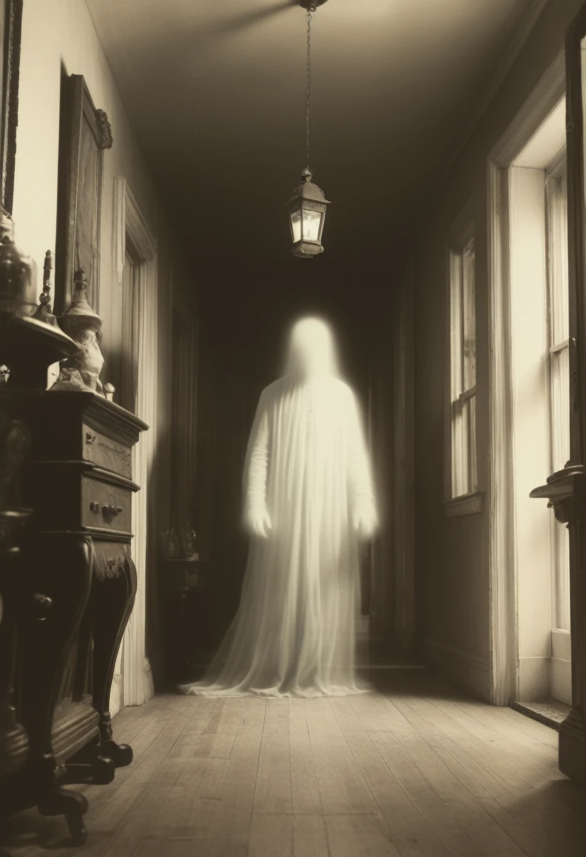 a photo of a transparent victorian ghost holding a candle walking down a hallway 